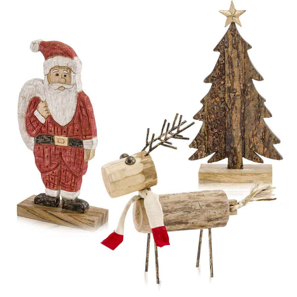 Wood Sculpture - 3.5" x 9" x 18" Red/Black/Natural - Santa Sculpture