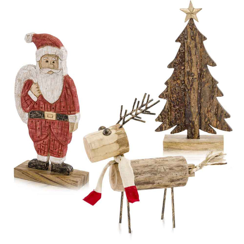 Wood Sculpture - 3.5" x 9" x 18" Red/Black/Natural - Santa Sculpture