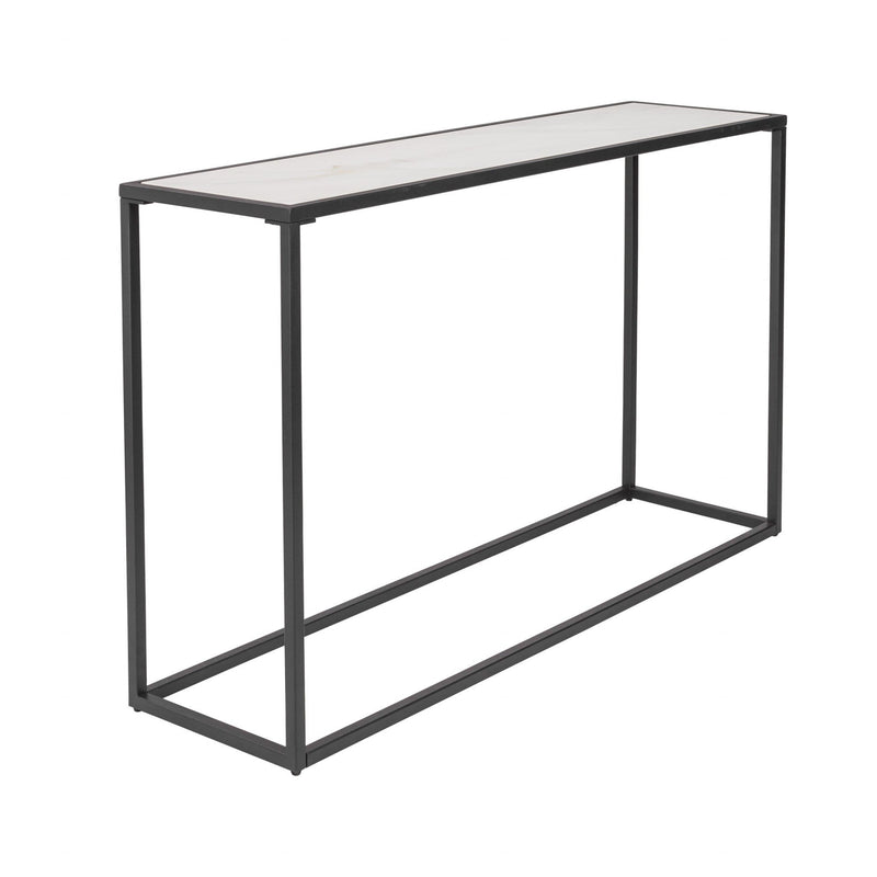 Rustic Console Table - 48.67" X 13.23" X 29.53" White Ceramic Glass Console Table with Black Powder Coated Steel Base