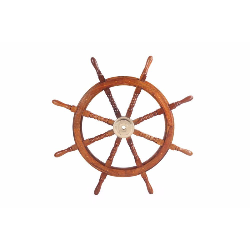 36" Teak Wood Ship Wheel with Brass Inset and Eight Spokes, Brown and Gold-Decorative Objects and Figurines-Brown and Gold-Teak Wood and Brass-JadeMoghul Inc.