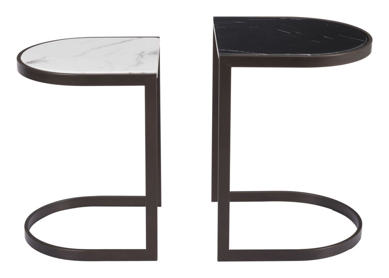 Black End Tables - 16.1" x 16.1" x 22" Black Stone & Antique Brass, Faux Marble, Steel, Nesting End Tables