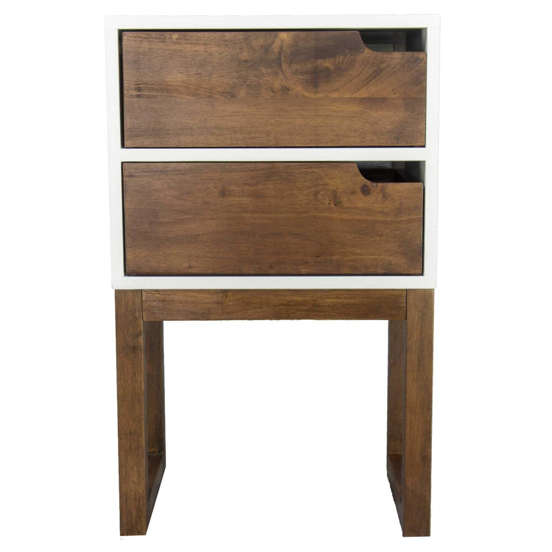 White Side Table - 16" X 12" X 26" White & Mocha Solid Wood Two Drawer Side Table