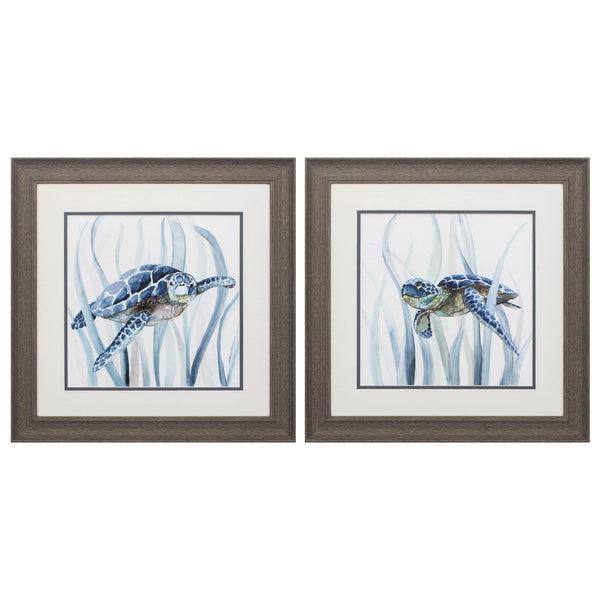 Square Picture Frames - 19" X 19" Distressed Wood Toned Frame Turtle In Grass (Set of 2)