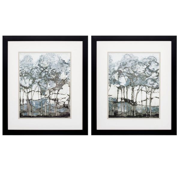 Vintage Picture Frames - 18" X 21" Dark Wood Toned Frame Watercolor Forest (Set of 2)