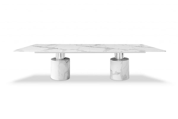 Kitchen and Dining Room Tables - 120" X 48" X 30" White Marble Stainless Steel Dining Table