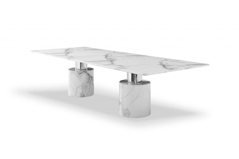 Kitchen and Dining Room Tables - 120" X 48" X 30" White Marble Stainless Steel Dining Table