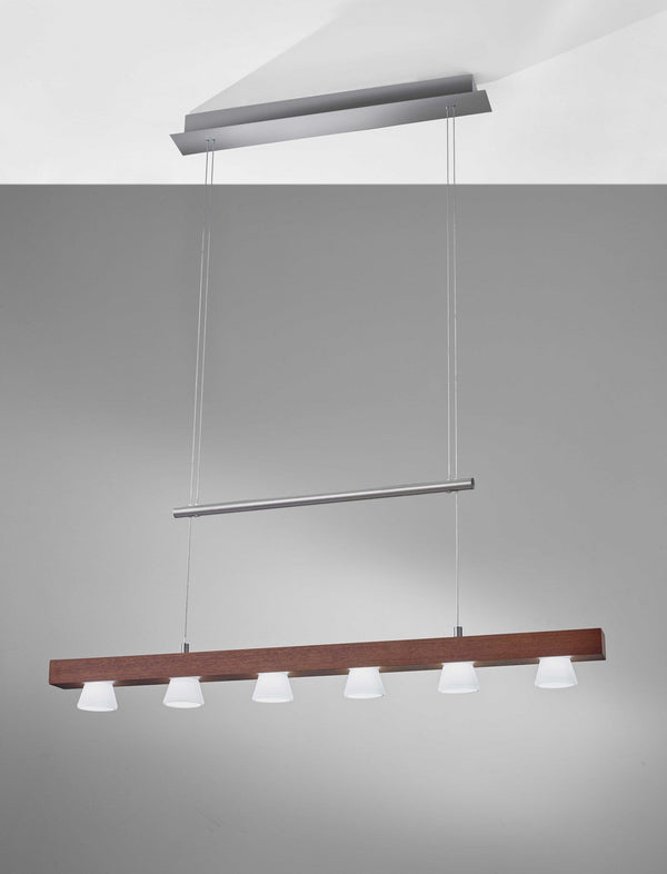 Glass Pendant Lights - 36" X 11" X 38-69" Walnut Wood LED 6 Light Adjustable Pendant