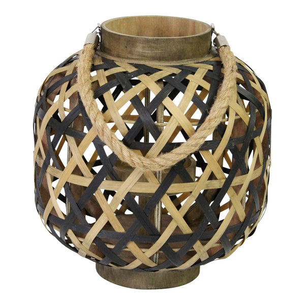 Black Lantern - 11" X 11" X 11.75" Black Brown 8 Bamboo 1 Wood Woven Lantern