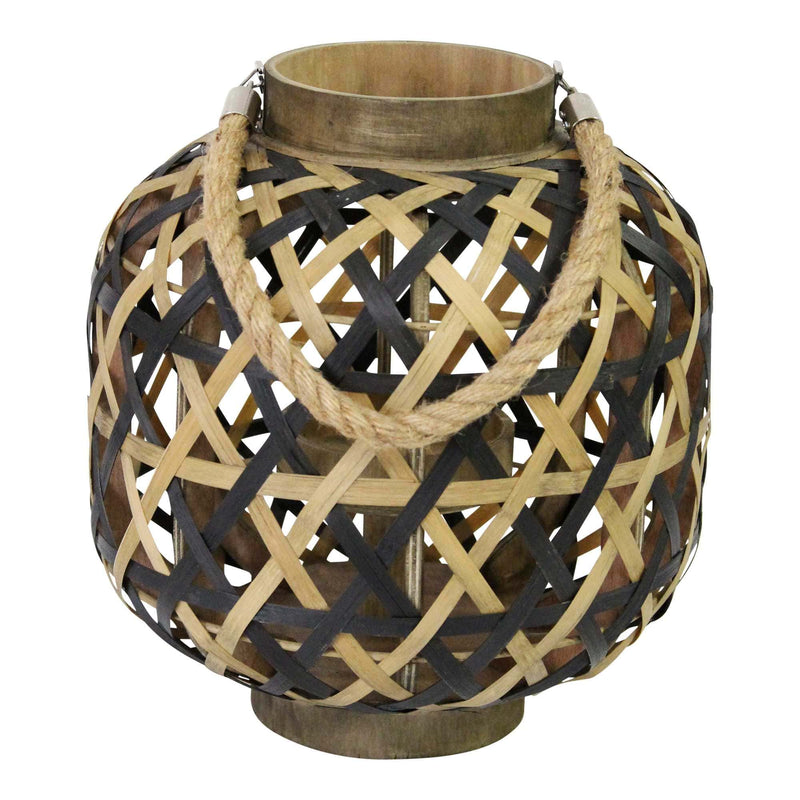 Black Lantern - 11" X 11" X 11.75" Black Brown 8 Bamboo 1 Wood Woven Lantern