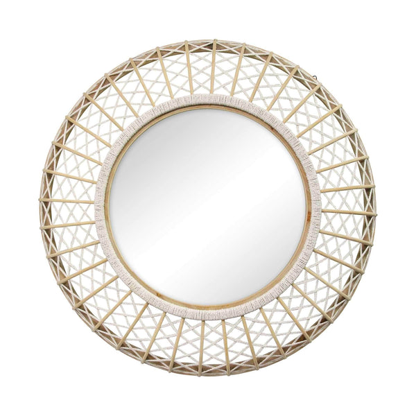 Decorative Mirrors - 33.5" X 4.5" X 33.5" White Natural Bamboo Wood Glass Rope Wall Mirror