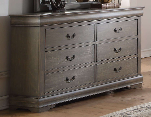 6 Drawer Dresser - 57" X 15" X 33" Antique Gray Wood Dresser