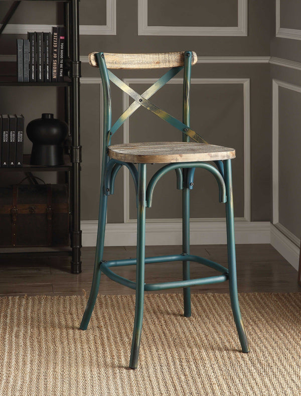 Wooden Bar Stools - 18" X 20" X 43" Antique Turquoise & Antique Oak Wood Bar Chair (1Pc)