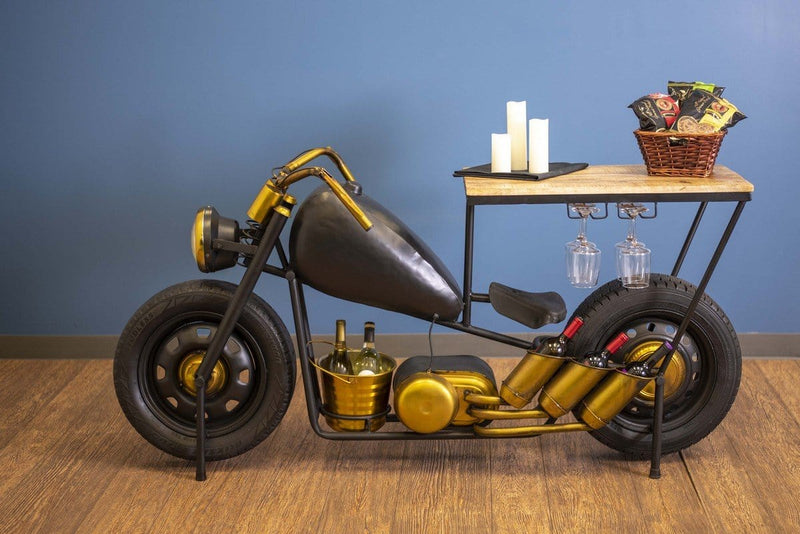 Bar Cabinet - 16.5" X 70" X 33" Black and Gold Chopper Style Motorcycle Bar