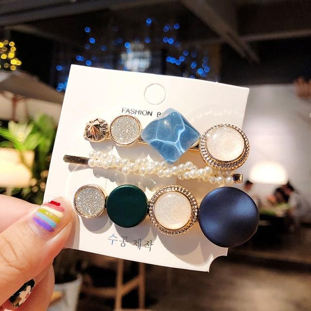 3PCS/Set Korean Acrylic Hair Clips For Women Hair Accessories Fashion Jewelry Simulated Pearl Hairpins Geometric Gold Barrettes AExp