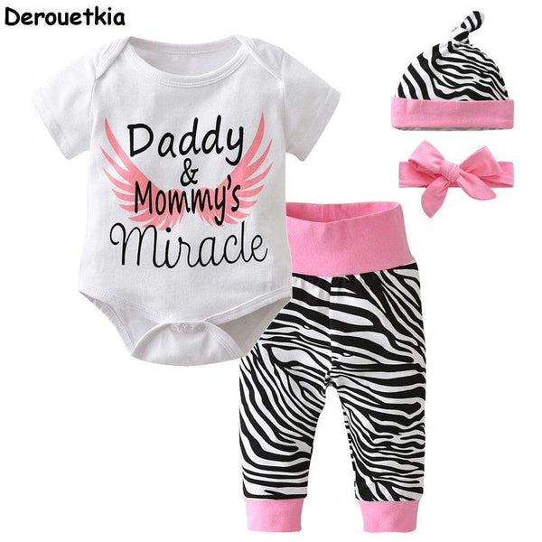 4pcs Newborn Infant Baby Girls Clothes Short Sleeve White Bodysuit Tops+Zebra Pants+Headband+Cap Toddler Outfit Set-3M-JadeMoghul Inc.