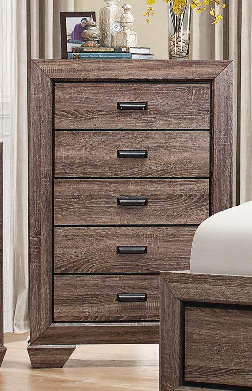 5 Drawer Wooden Chest In Transitional Style Rustic Brown-Storage Chests-Brown-Wood And Metal-JadeMoghul Inc.