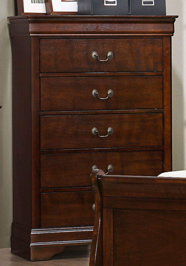 5 Drawer Wooden Chest With Metal Hardware, Cherry Brown-Storage Chests-Brown-Wood And Metal-JadeMoghul Inc.