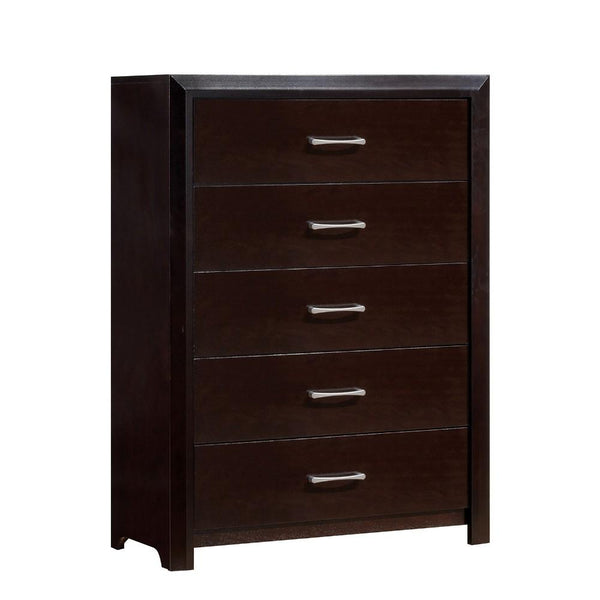 5- Drawer Wooden Chest with Sleek handles, Espresso Brown-Storage Chests-Brown-Wood-JadeMoghul Inc.