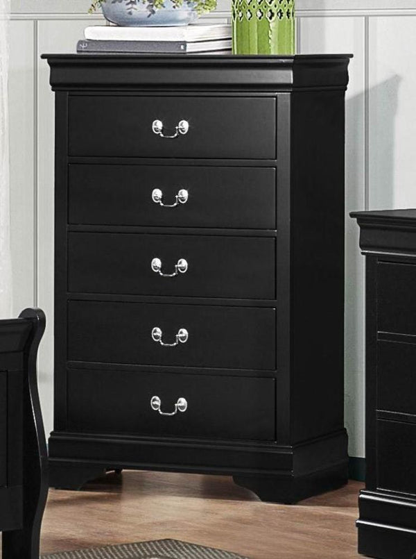 5 Drawers Wooden Chest With Silver Pulls Black-Accent Chests and Cabinets-Black-Wood-JadeMoghul Inc.