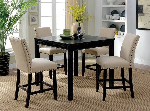 5-Piece Wooden Counter Height Table Set In Antique Black And Beige-Dining Tables-Black And Beige-Solid Wood Wood Veneer & Fabric-JadeMoghul Inc.
