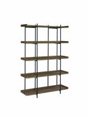 5 Tier Metal Framed Bookcase with Wooden Storage Shelves, Large, Brown and Black