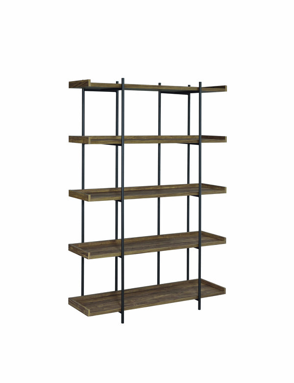 5 Tier Metal Framed Bookcase with Wooden Storage Shelves, Large, Brown and Black