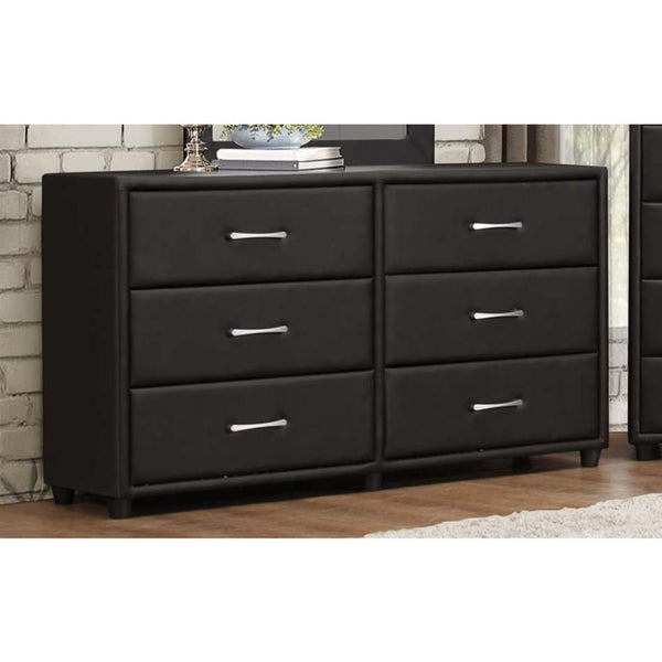 6 Drawer Dresser In Wood And PVC, Black-Bedroom Furniture-Black-Wood & PU-JadeMoghul Inc.