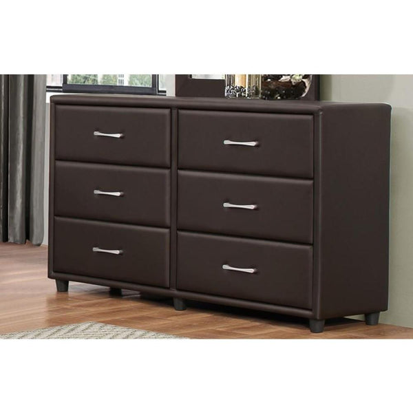 6 Drawer Dresser In Wood And PVC, Brown-Bedroom Furniture-Brown-Wood & PU-JadeMoghul Inc.