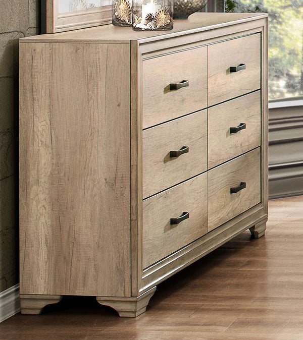 6 Drawer Wooden Dresser In Transitional Style, Natural Brown-Bedroom Furniture-Brown-Wood And Metal-JadeMoghul Inc.