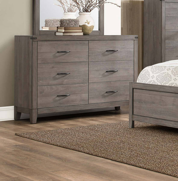 6 Drawer Wooden Dresser With Block Feet, Weathered Gray-Bedroom Furniture-Gray-Wood And Metal-JadeMoghul Inc.