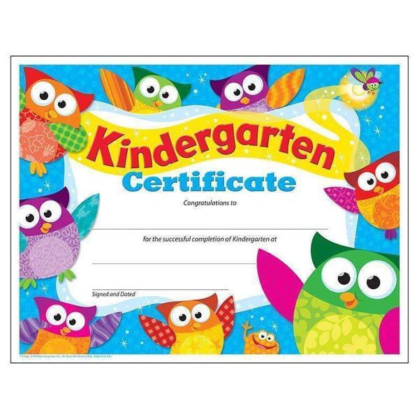 (6 PK) KINDERGARTEN CERTIFICATE OWL-Learning Materials-JadeMoghul Inc.