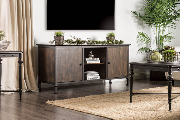 60" Wooden And Metal Frame TV Stand With 2 Open Shelves, Brown-Multimedia Stand-Brown-Metal and Wood-JadeMoghul Inc.