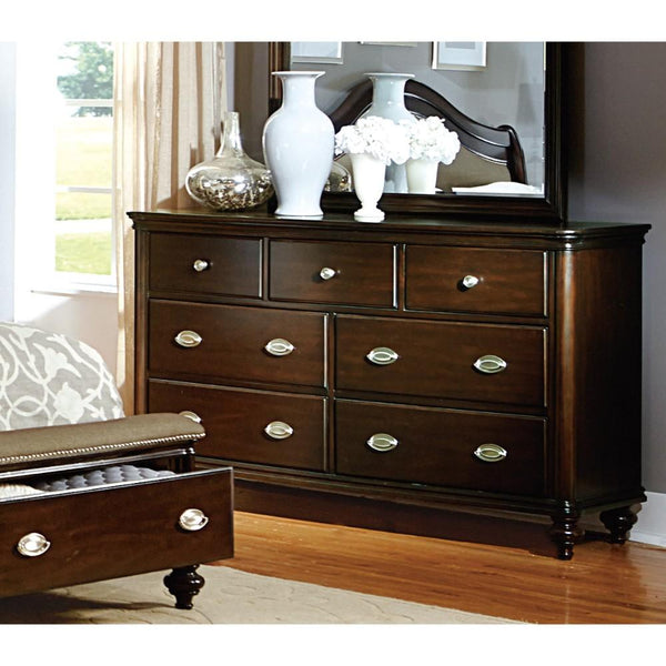 7 Drawer Wooden Dresser, Dark Cherry Brown-Bedroom Furniture-Brown-Wood-JadeMoghul Inc.