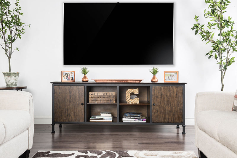 72" Wooden And Metal Frame TV Stand With 4 Open Shelves In Brown-Multimedia Stand-Brown-Metal and Wood-JadeMoghul Inc.