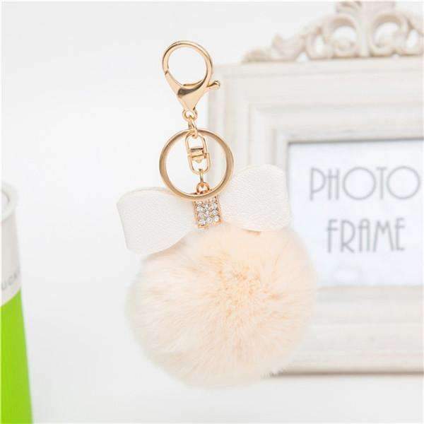 7cm Fur Pom Pom Bow Keychain Keyring Women PomPom Plush Key Ring Rhinestone Faux Rex Rabbit Fur Ball Key Chain Party Shop Gifts-Beige-JadeMoghul Inc.