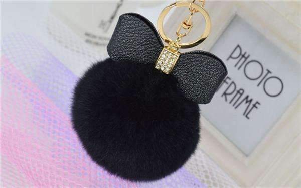 7cm Fur Pom Pom Bow Keychain Keyring Women PomPom Plush Key Ring Rhinestone Faux Rex Rabbit Fur Ball Key Chain Party Shop Gifts-Black-JadeMoghul Inc.