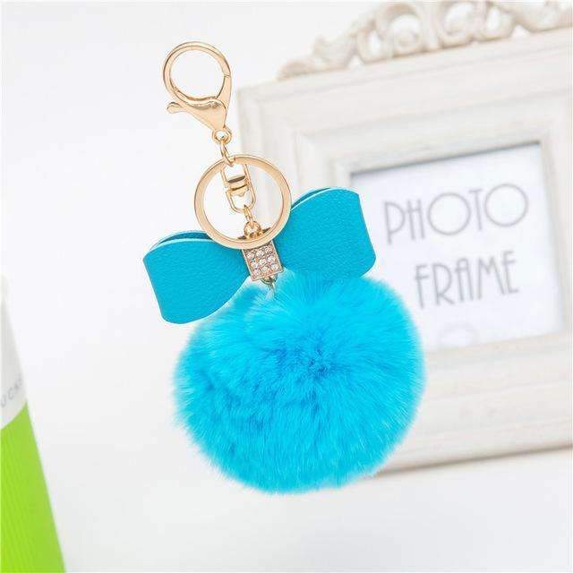 Fluffy Pom Pom Keychain with Bow and Faux Rhinestones Teal