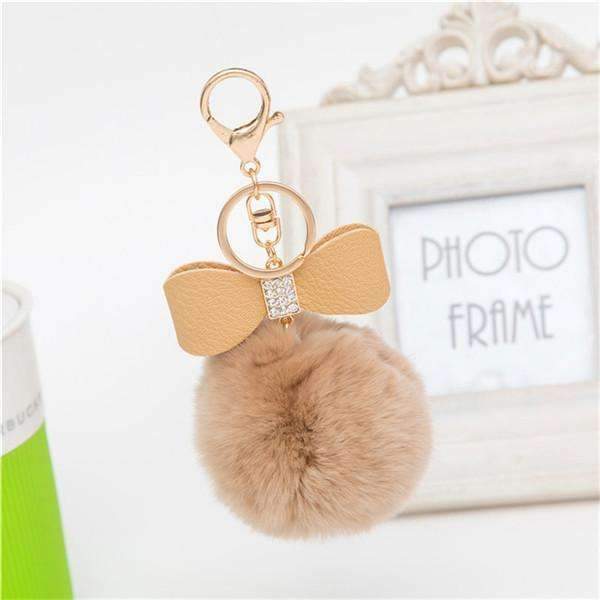 7cm Fur Pom Pom Bow Keychain Keyring Women PomPom Plush Key Ring Rhinestone Faux Rex Rabbit Fur Ball Key Chain Party Shop Gifts-Brown Gray-JadeMoghul Inc.