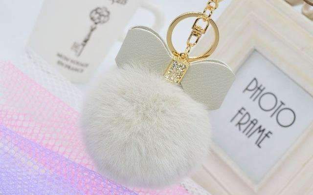 7cm Fur Pom Pom Bow Keychain Keyring Women PomPom Plush Key Ring Rhinestone Faux Rex Rabbit Fur Ball Key Chain Party Shop Gifts-Gray White-JadeMoghul Inc.