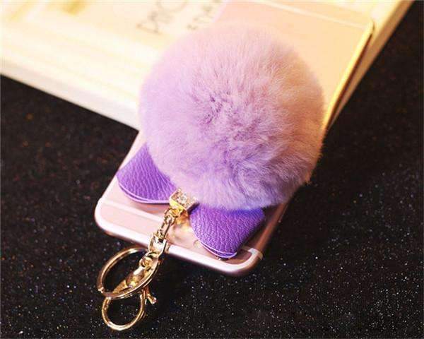 7cm Fur Pom Pom Bow Keychain Keyring Women PomPom Plush Key Ring Rhinestone Faux Rex Rabbit Fur Ball Key Chain Party Shop Gifts-Purple-JadeMoghul Inc.