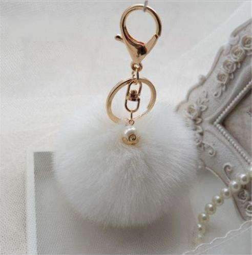 7cm Fur Pom Pom Bow Keychain Keyring Women PomPom Plush Key Ring Rhinestone Faux Rex Rabbit Fur Ball Key Chain Party Shop Gifts-White differentstyle-JadeMoghul Inc.