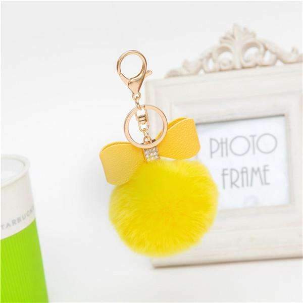 7cm Fur Pom Pom Bow Keychain Keyring Women PomPom Plush Key Ring Rhinestone Faux Rex Rabbit Fur Ball Key Chain Party Shop Gifts-Yellow-JadeMoghul Inc.