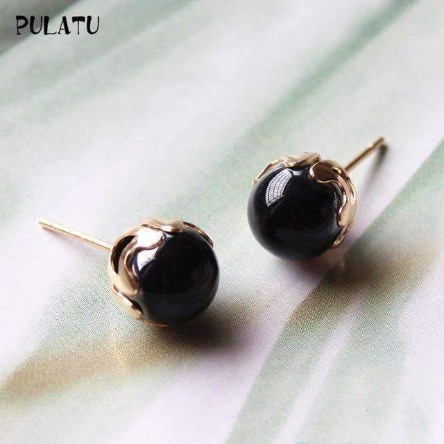 9 Color Fashion Pearl Earrings for Women Minimalist 8mm Bead Rose Gold color Alloy Small Stud Earrings Jewelry PULATU ZZ0302-black-JadeMoghul Inc.