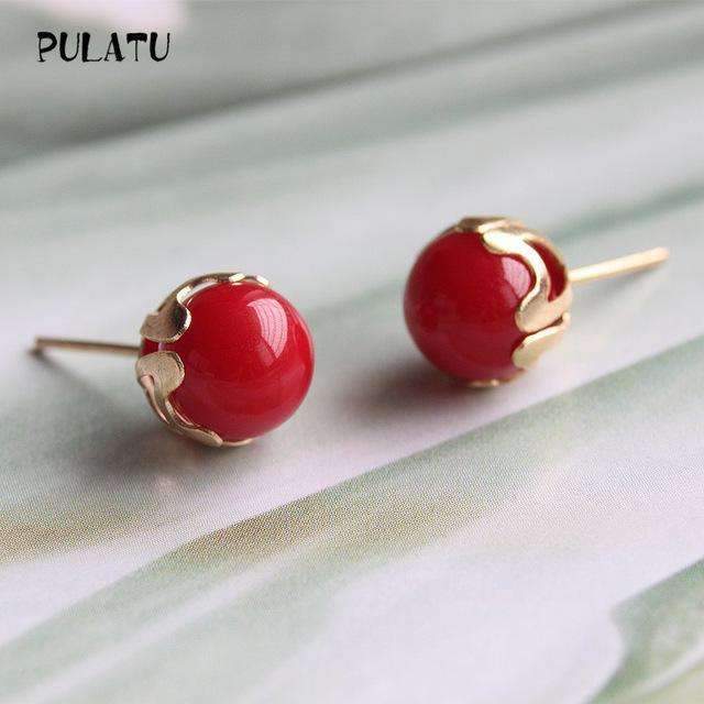 9 Color Fashion Pearl Earrings for Women Minimalist 8mm Bead Rose Gold color Alloy Small Stud Earrings Jewelry PULATU ZZ0302-red-JadeMoghul Inc.