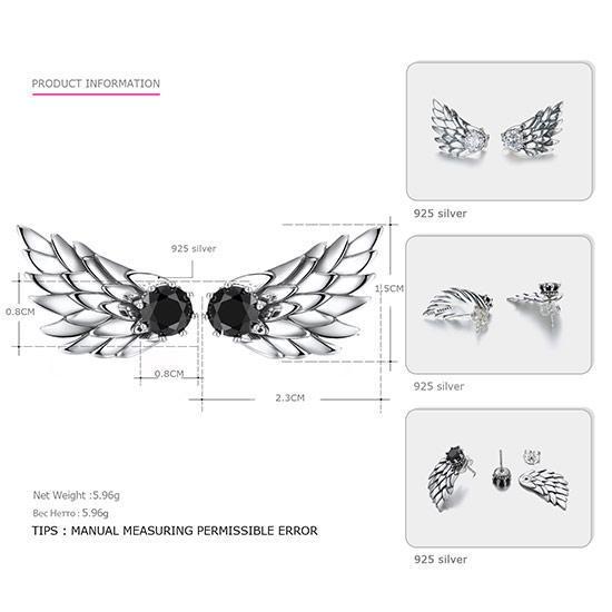 925 Silver Wings Stud Earrings-silver black-JadeMoghul Inc.