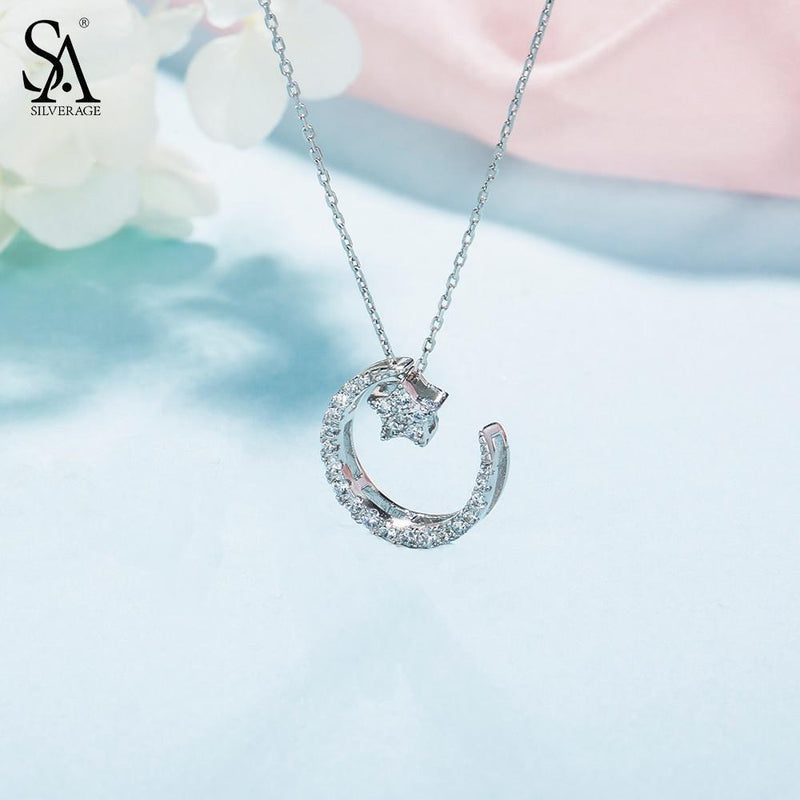 925 Sterling Silver Moon Star Pendant Necklaces For Women AAA Zirconia Chokers Necklaces Fine Jewelry-Star Necklace-JadeMoghul Inc.