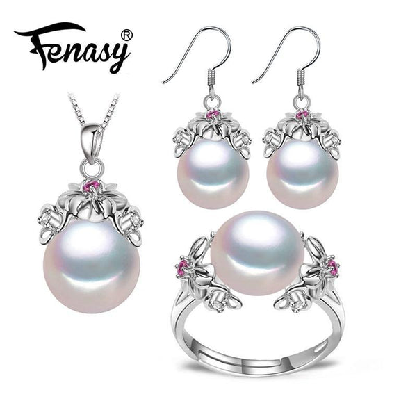 925 Sterling Silver Natural Pearl Complete Jewelery Set-White-Resizable-JadeMoghul Inc.