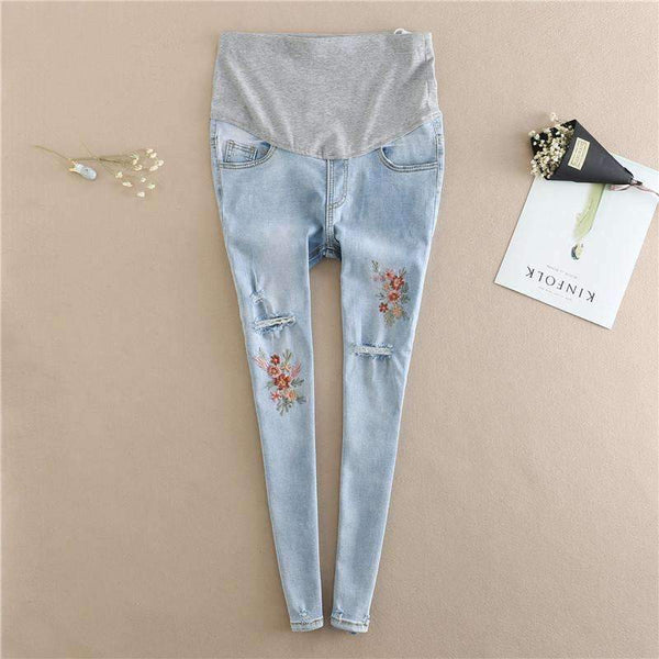 976# Embroidery Flower Denim Maternity Jeans Summer Light Blue Ripped Hole Pencil Pregnancy Trousers Clothes for Pregnant Women-Blue-M-JadeMoghul Inc.