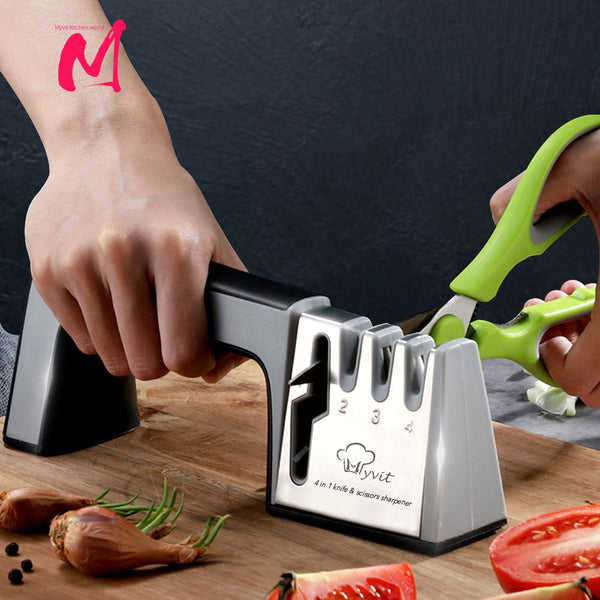 Knife Sharpener 4 in 1 Diamond Coated&amp;Fine Rod Knife Shears and Scissors Sharpening stone System Stainless Steel Blades