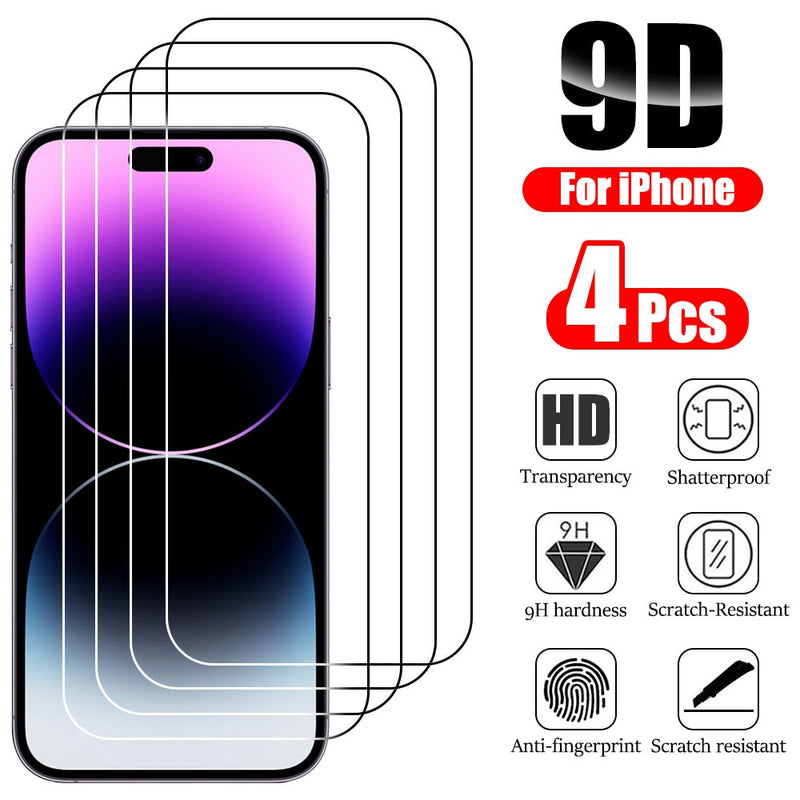 4Pcs Full Cover Tempered Glass For Iphone 14 13 12 Pro Max Mini 11 X Xs Xr Screen Protector For Iphone 14 Pro 8 7 Plus Film